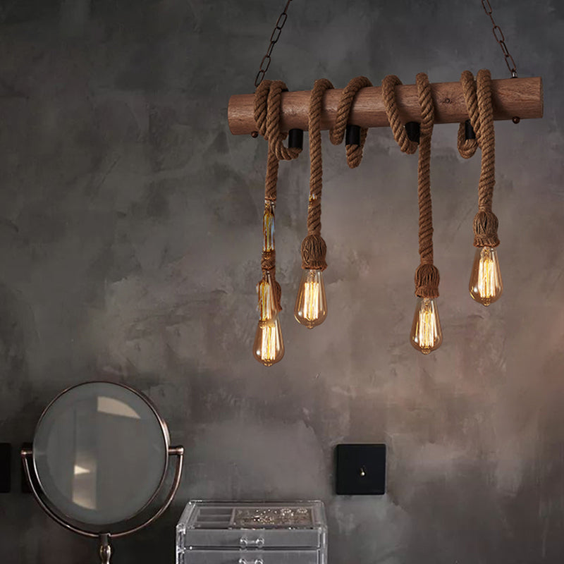 4 Heads Island Pendant Light Antique Exposed Bulb Hemp Rope Ceiling Lighting in Wood Clearhalo 'Ceiling Lights' 'Island Lights' Lighting' 2227650