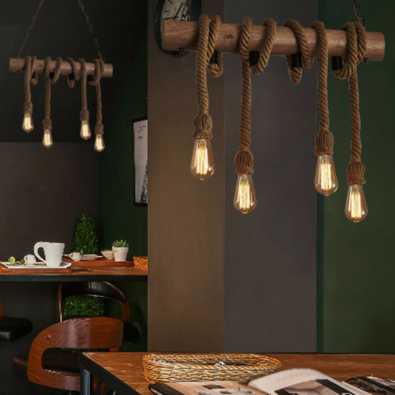 4 Heads Island Pendant Light Antique Exposed Bulb Hemp Rope Ceiling Lighting in Wood Clearhalo 'Ceiling Lights' 'Island Lights' Lighting' 2227651