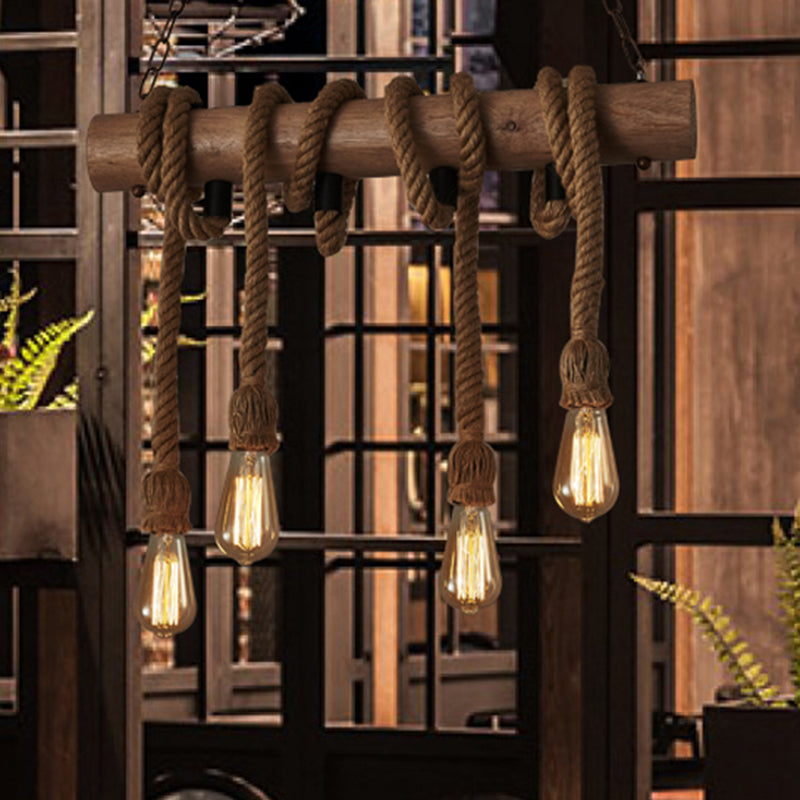 4 Heads Island Pendant Light Antique Exposed Bulb Hemp Rope Ceiling Lighting in Wood Clearhalo 'Ceiling Lights' 'Island Lights' Lighting' 2227653