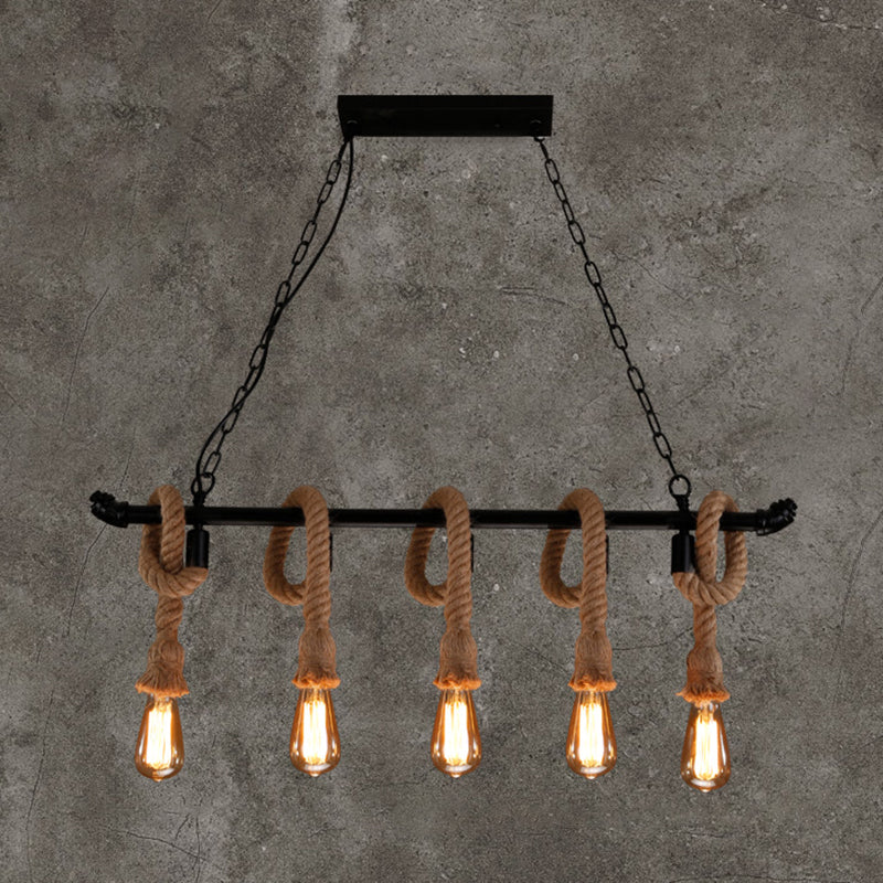 Water Pipe Metallic Hanging Lamp Rustic Style Restaurant Island Chandelier Light with Hemp Rope in Black 5 Black Clearhalo 'Ceiling Lights' 'Island Lights' Lighting' 2227655