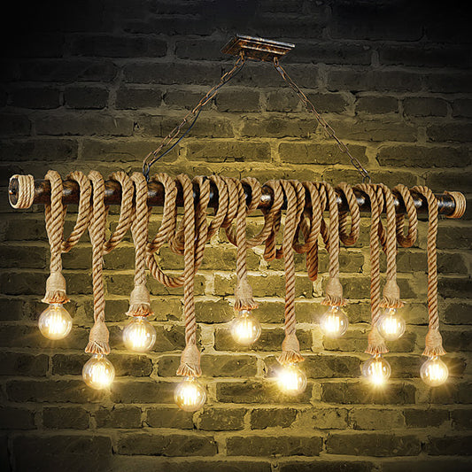 Hemp Rope Exposed Bulb Island Light Fixture Retro Restaurant Ceiling Pendant Light in Flaxen 10 Flaxen Clearhalo 'Ceiling Lights' 'Island Lights' Lighting' 2227663