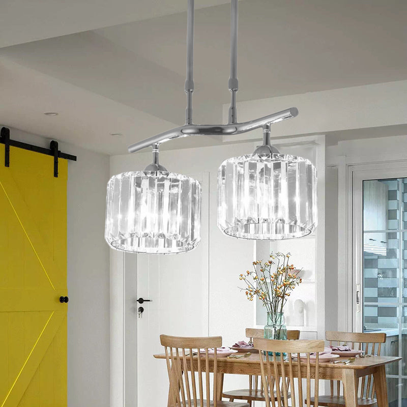 2/3 Bulbs Dining Room Island Pendant Modern Chrome Hanging Ceiling Light with Drum Crystal Shade Clearhalo 'Ceiling Lights' 'Island Lights' Lighting' 222767