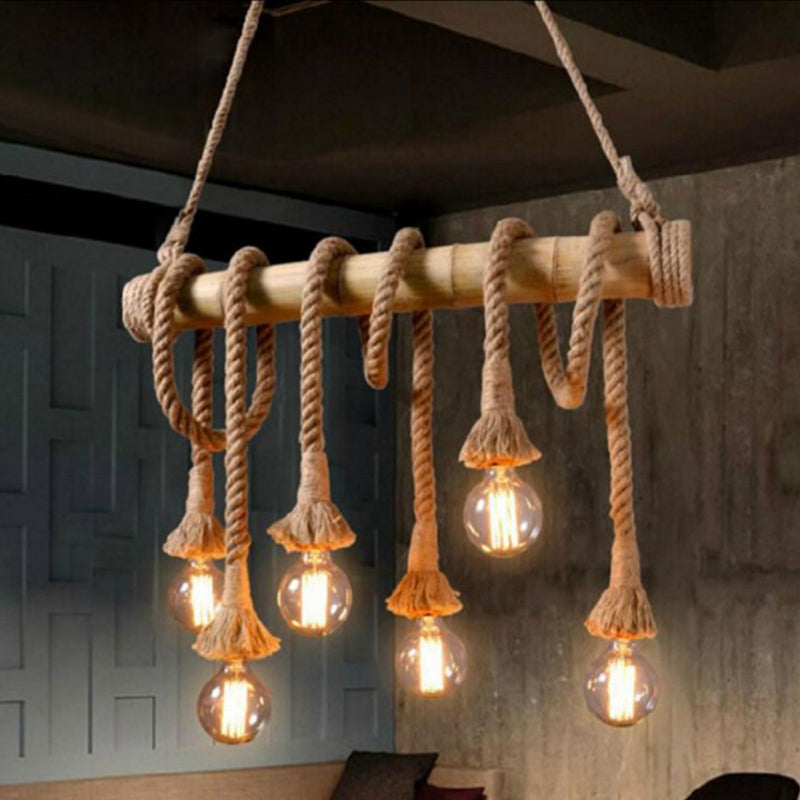 Flaxen Exposed Bulb Hanging Light Rustic Restaurant Island Ceiling Light with Bamboo Tube Clearhalo 'Ceiling Lights' 'Island Lights' Lighting' 2227670