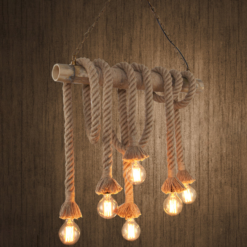 Industrial Dangling Pendant Light Hemp Rope Hanging Island Light with Bamboo Tube in Flaxen 6 Flaxen Clearhalo 'Ceiling Lights' 'Island Lights' Lighting' 2227674