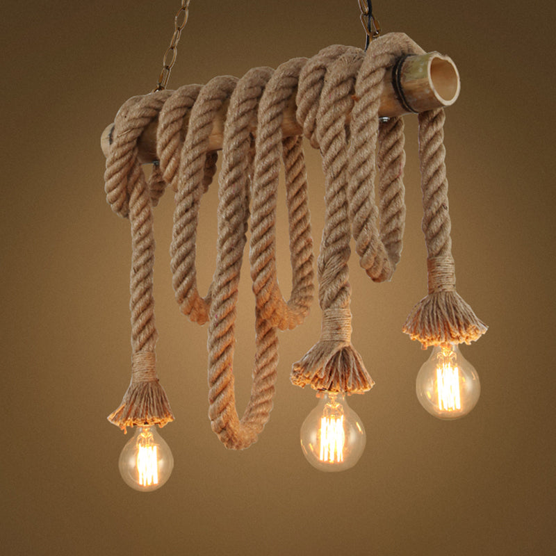 Industrial Dangling Pendant Light Hemp Rope Hanging Island Light with Bamboo Tube in Flaxen Clearhalo 'Ceiling Lights' 'Island Lights' Lighting' 2227675