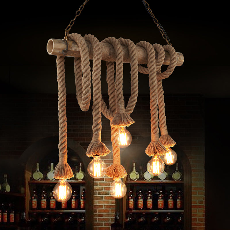 Industrial Dangling Pendant Light Hemp Rope Hanging Island Light with Bamboo Tube in Flaxen Clearhalo 'Ceiling Lights' 'Island Lights' Lighting' 2227676