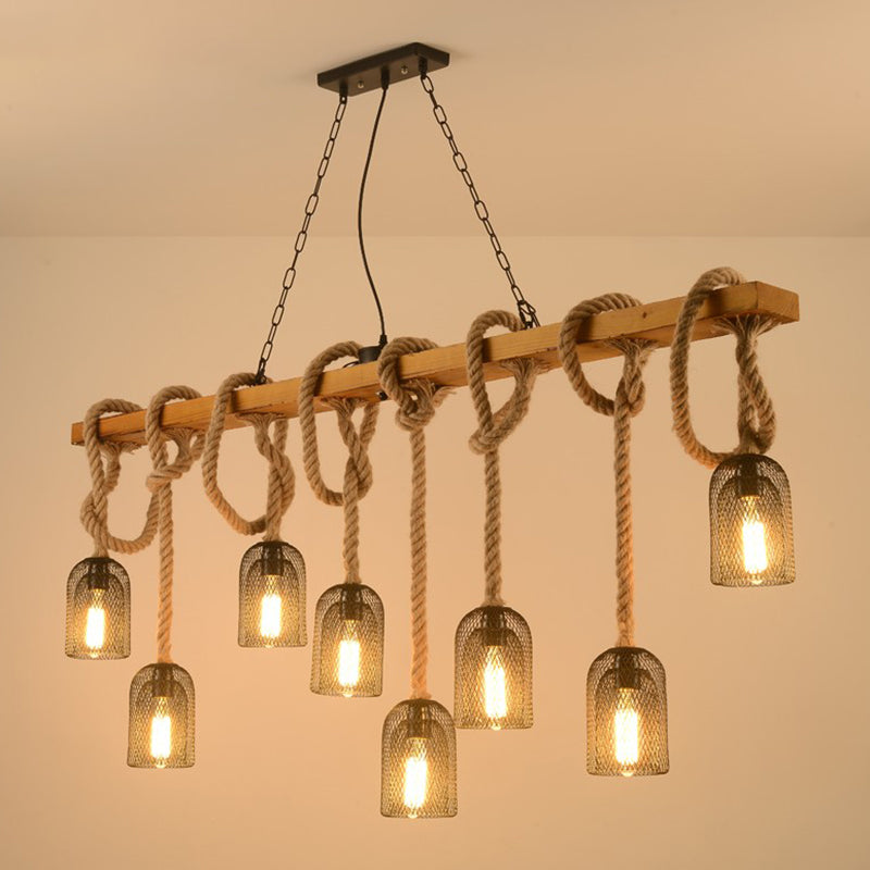 Metallic Elongated Dome Hanging Lamp Antique Restaurant Island Chandelier Light with Hemp Rope in Wood Clearhalo 'Ceiling Lights' 'Island Lights' Lighting' 2227682