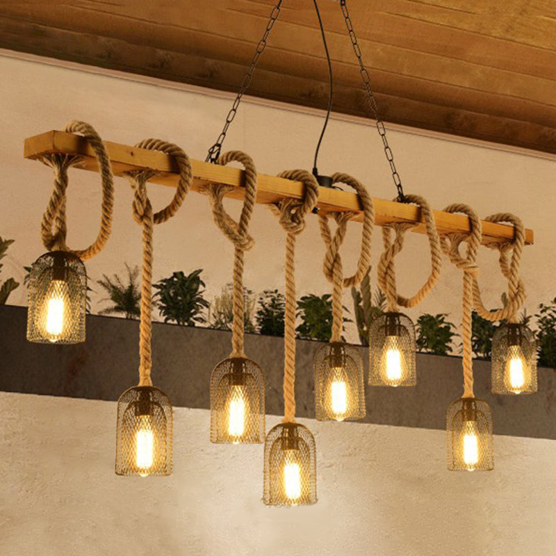 Metallic Elongated Dome Hanging Lamp Antique Restaurant Island Chandelier Light with Hemp Rope in Wood Clearhalo 'Ceiling Lights' 'Island Lights' Lighting' 2227684