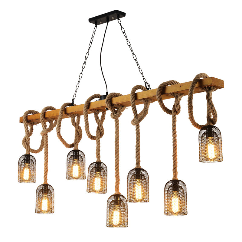 Metallic Elongated Dome Hanging Lamp Antique Restaurant Island Chandelier Light with Hemp Rope in Wood Clearhalo 'Ceiling Lights' 'Island Lights' Lighting' 2227686