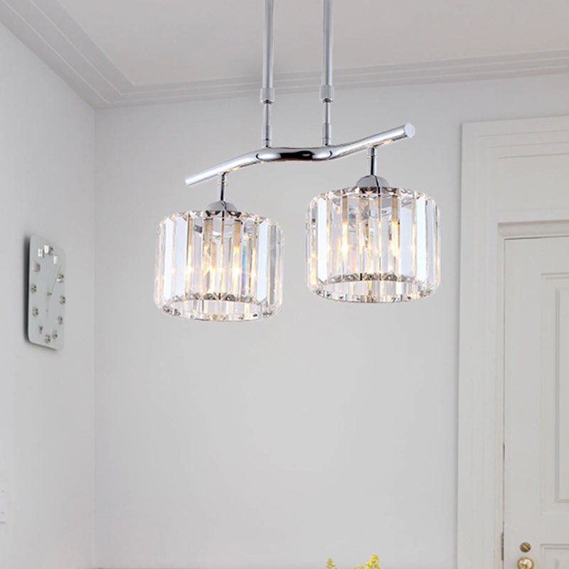 2/3 Bulbs Dining Room Island Pendant Modern Chrome Hanging Ceiling Light with Drum Crystal Shade Clearhalo 'Ceiling Lights' 'Island Lights' Lighting' 222769