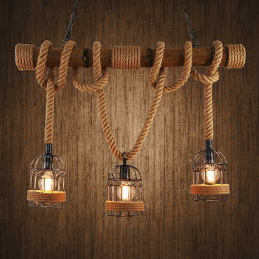 Flaxen 3 Bulbs Suspension Lighting Retro Metallic Birdcage Island Ceiling Light with Hemp Rope Flaxen Clearhalo 'Ceiling Lights' 'Island Lights' Lighting' 2227693