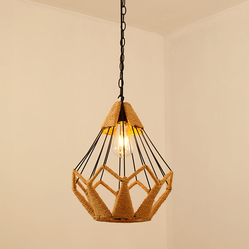 Antique Caged Pendant Light 1-Light Hemp Rope Lighting Pendant in Brown for Restaurant Brown B Clearhalo 'Ceiling Lights' 'Industrial Pendants' 'Industrial' 'Middle Century Pendants' 'Pendant Lights' 'Pendants' 'Tiffany' Lighting' 2227726
