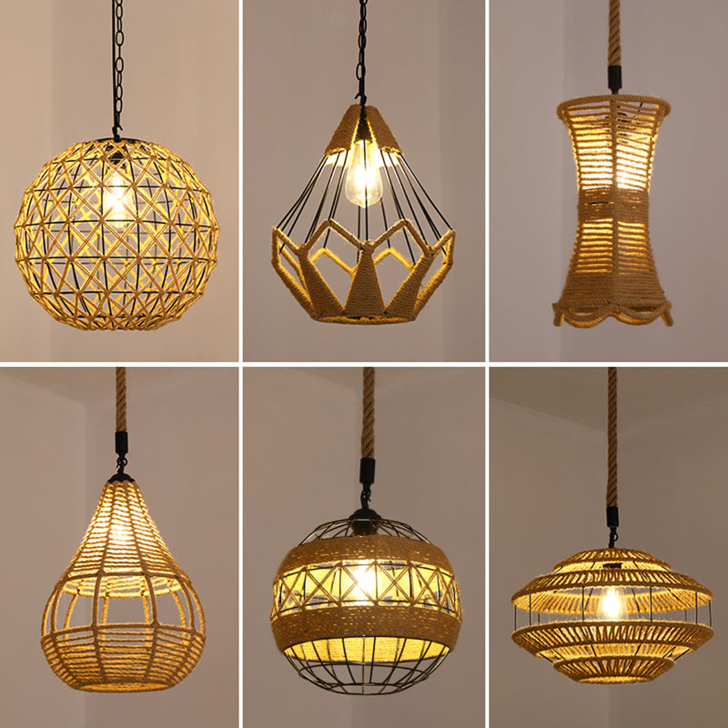 Antique Caged Pendant Light 1-Light Hemp Rope Lighting Pendant in Brown for Restaurant Clearhalo 'Ceiling Lights' 'Industrial Pendants' 'Industrial' 'Middle Century Pendants' 'Pendant Lights' 'Pendants' 'Tiffany' Lighting' 2227727