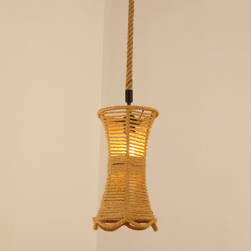 Antique Caged Pendant Light 1-Light Hemp Rope Lighting Pendant in Brown for Restaurant Brown C Clearhalo 'Ceiling Lights' 'Industrial Pendants' 'Industrial' 'Middle Century Pendants' 'Pendant Lights' 'Pendants' 'Tiffany' Lighting' 2227728