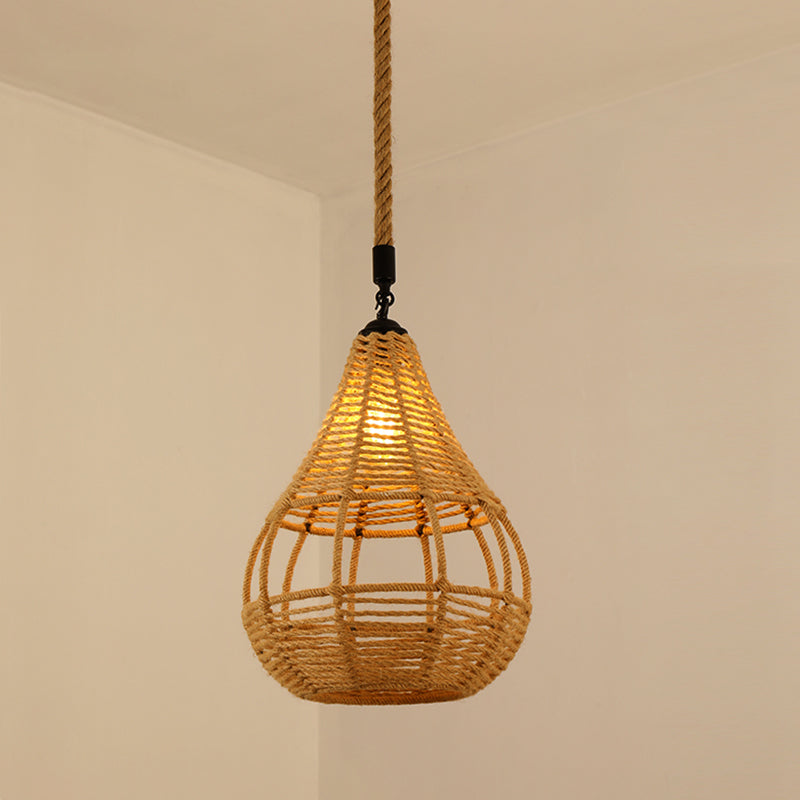 Antique Caged Pendant Light 1-Light Hemp Rope Lighting Pendant in Brown for Restaurant Brown D Clearhalo 'Ceiling Lights' 'Industrial Pendants' 'Industrial' 'Middle Century Pendants' 'Pendant Lights' 'Pendants' 'Tiffany' Lighting' 2227729
