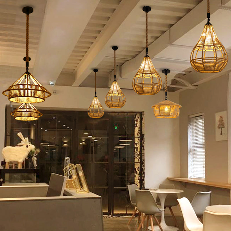 Antique Caged Pendant Light 1-Light Hemp Rope Lighting Pendant in Brown for Restaurant Clearhalo 'Ceiling Lights' 'Industrial Pendants' 'Industrial' 'Middle Century Pendants' 'Pendant Lights' 'Pendants' 'Tiffany' Lighting' 2227730