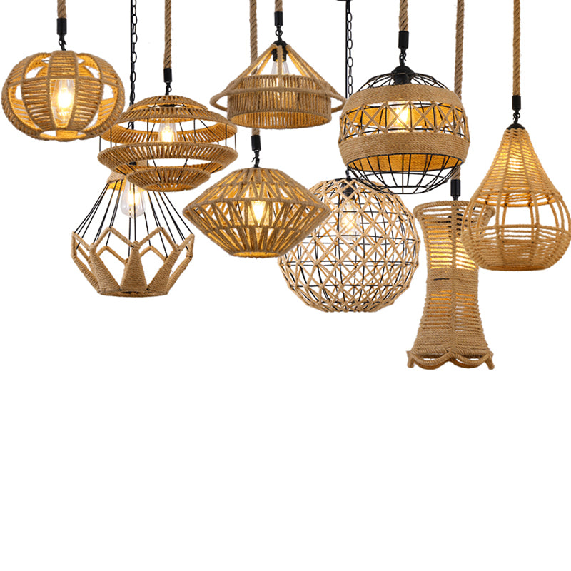 Antique Caged Pendant Light 1-Light Hemp Rope Lighting Pendant in Brown for Restaurant Clearhalo 'Ceiling Lights' 'Industrial Pendants' 'Industrial' 'Middle Century Pendants' 'Pendant Lights' 'Pendants' 'Tiffany' Lighting' 2227731