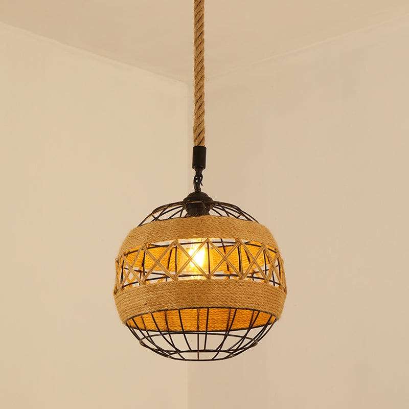 Antique Caged Pendant Light 1-Light Hemp Rope Lighting Pendant in Brown for Restaurant Brown E Clearhalo 'Ceiling Lights' 'Industrial Pendants' 'Industrial' 'Middle Century Pendants' 'Pendant Lights' 'Pendants' 'Tiffany' Lighting' 2227732