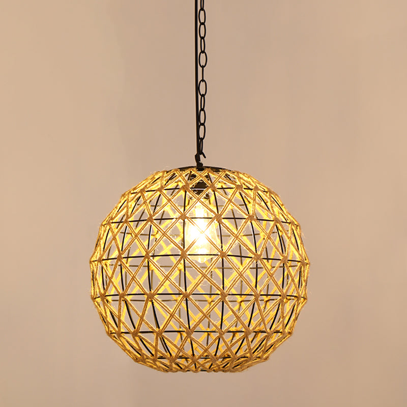 Antique Caged Pendant Light 1-Light Hemp Rope Lighting Pendant in Brown for Restaurant Brown A Clearhalo 'Ceiling Lights' 'Industrial Pendants' 'Industrial' 'Middle Century Pendants' 'Pendant Lights' 'Pendants' 'Tiffany' Lighting' 2227734