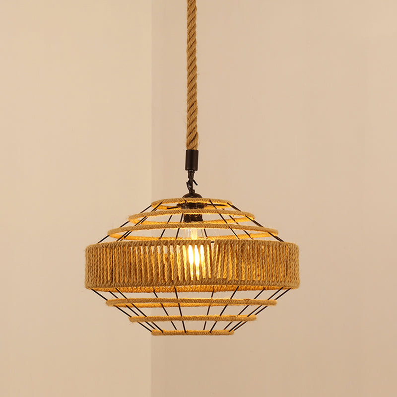 Antique Caged Pendant Light 1-Light Hemp Rope Lighting Pendant in Brown for Restaurant Brown G Clearhalo 'Ceiling Lights' 'Industrial Pendants' 'Industrial' 'Middle Century Pendants' 'Pendant Lights' 'Pendants' 'Tiffany' Lighting' 2227735
