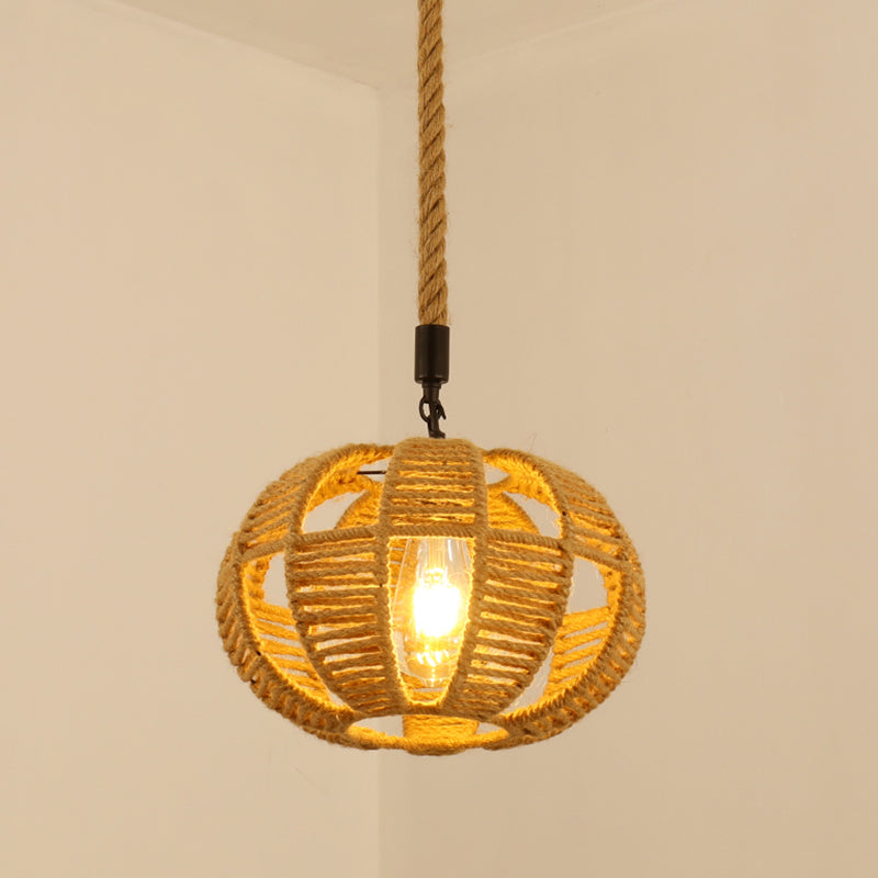Antique Caged Pendant Light 1-Light Hemp Rope Lighting Pendant in Brown for Restaurant Brown I Clearhalo 'Ceiling Lights' 'Industrial Pendants' 'Industrial' 'Middle Century Pendants' 'Pendant Lights' 'Pendants' 'Tiffany' Lighting' 2227737