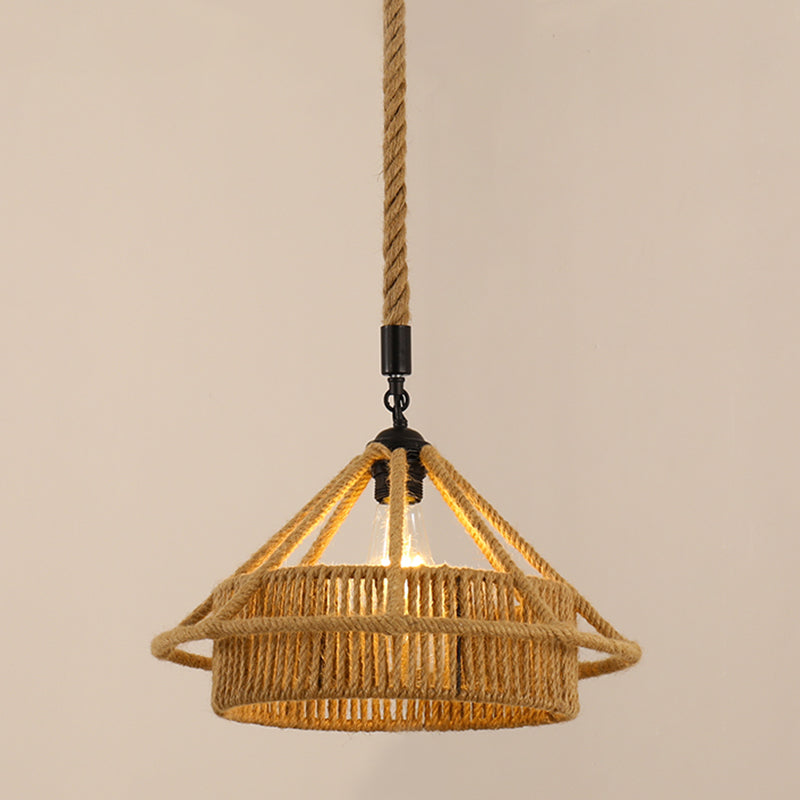 Antique Caged Pendant Light 1-Light Hemp Rope Lighting Pendant in Brown for Restaurant Brown K Clearhalo 'Ceiling Lights' 'Industrial Pendants' 'Industrial' 'Middle Century Pendants' 'Pendant Lights' 'Pendants' 'Tiffany' Lighting' 2227739