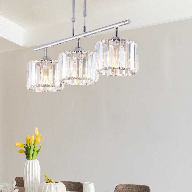 Chrome Drum Island Chandelier Light Contemporary Crystal 3/4 Bulbs Pendant Light Fixture for Bedroom Clearhalo 'Ceiling Lights' 'Island Lights' Lighting' 222774