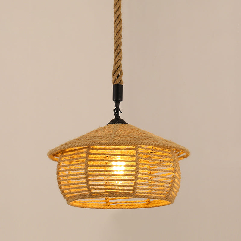 Antique Caged Pendant Light 1-Light Hemp Rope Lighting Pendant in Brown for Restaurant Brown L Clearhalo 'Ceiling Lights' 'Industrial Pendants' 'Industrial' 'Middle Century Pendants' 'Pendant Lights' 'Pendants' 'Tiffany' Lighting' 2227740