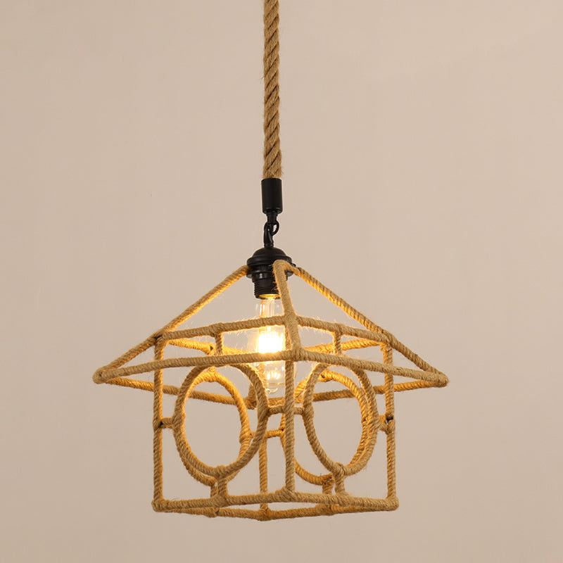 Antique Caged Pendant Light 1-Light Hemp Rope Lighting Pendant in Brown for Restaurant Brown N Clearhalo 'Ceiling Lights' 'Industrial Pendants' 'Industrial' 'Middle Century Pendants' 'Pendant Lights' 'Pendants' 'Tiffany' Lighting' 2227741
