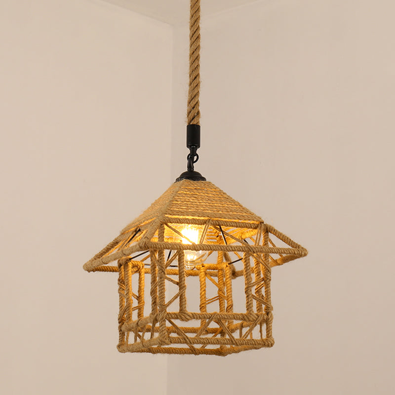 Antique Caged Pendant Light 1-Light Hemp Rope Lighting Pendant in Brown for Restaurant Brown M Clearhalo 'Ceiling Lights' 'Industrial Pendants' 'Industrial' 'Middle Century Pendants' 'Pendant Lights' 'Pendants' 'Tiffany' Lighting' 2227742