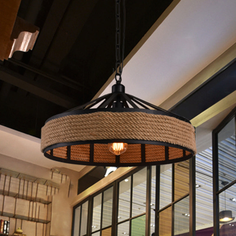 Geometric Hemp Rope Hanging Light Rustic 1 Bulb Restaurant Pendant Light Fixture in Black Black B Clearhalo 'Art Deco Pendants' 'Black' 'Cast Iron' 'Ceiling Lights' 'Ceramic' 'Crystal' 'Industrial' 'Metal' 'Pendant Lights' 'Rustic Pendants' 'Tiffany' Lighting' 2227743