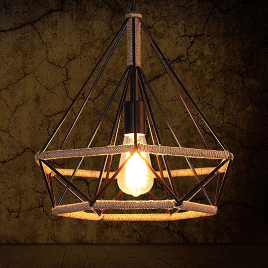 Geometric Hemp Rope Hanging Light Rustic 1 Bulb Restaurant Pendant Light Fixture in Black Clearhalo 'Art Deco Pendants' 'Black' 'Cast Iron' 'Ceiling Lights' 'Ceramic' 'Crystal' 'Industrial' 'Metal' 'Pendant Lights' 'Rustic Pendants' 'Tiffany' Lighting' 2227747