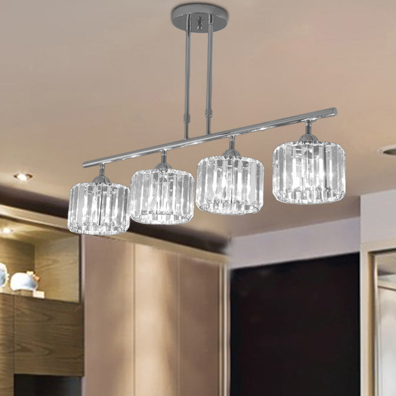 Chrome Drum Island Chandelier Light Contemporary Crystal 3/4 Bulbs Pendant Light Fixture for Bedroom 4 Chrome Clearhalo 'Ceiling Lights' 'Island Lights' Lighting' 222777