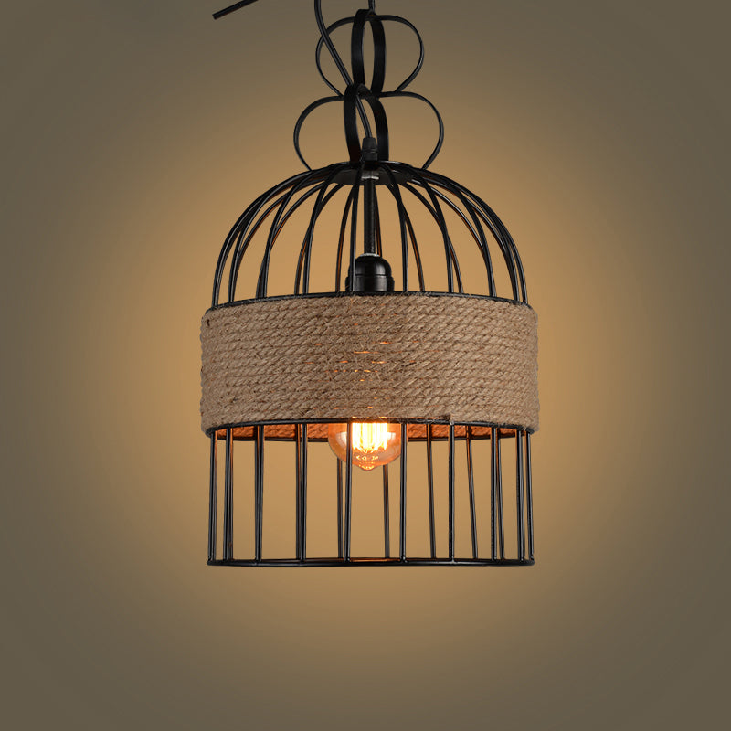 Vintage Birdcage Hanging Lamp Single-Bulb Iron Lighting Pendant with Hemp Rope in Black Black Clearhalo 'Art Deco Pendants' 'Black' 'Cast Iron' 'Ceiling Lights' 'Ceramic' 'Crystal' 'Industrial Pendants' 'Industrial' 'Metal' 'Middle Century Pendants' 'Pendant Lights' 'Pendants' 'Rustic Pendants' 'Tiffany' Lighting' 2227772