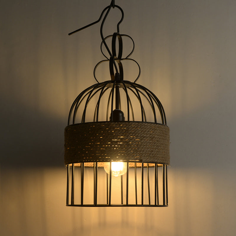 Vintage Birdcage Hanging Lamp Single-Bulb Iron Lighting Pendant with Hemp Rope in Black Clearhalo 'Art Deco Pendants' 'Black' 'Cast Iron' 'Ceiling Lights' 'Ceramic' 'Crystal' 'Industrial Pendants' 'Industrial' 'Metal' 'Middle Century Pendants' 'Pendant Lights' 'Pendants' 'Rustic Pendants' 'Tiffany' Lighting' 2227775