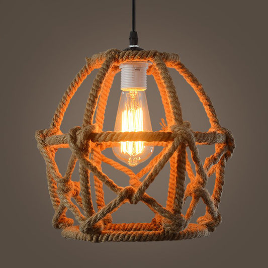 Globe Cage Hemp Rope Pendant Light Antique 1-Light Restaurant Hanging Light Fixture in Brown Brown Clearhalo 'Ceiling Lights' 'Industrial Pendants' 'Industrial' 'Middle Century Pendants' 'Pendant Lights' 'Pendants' 'Tiffany' Lighting' 2227778