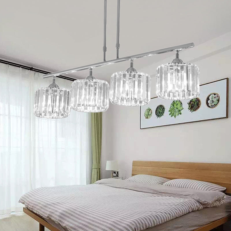 Chrome Drum Island Chandelier Light Contemporary Crystal 3/4 Bulbs Pendant Light Fixture for Bedroom Clearhalo 'Ceiling Lights' 'Island Lights' Lighting' 222778