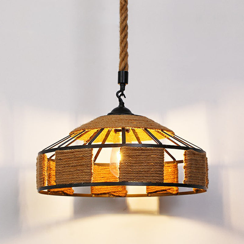 Hemp Rope Caged Hanging Light Rustic 1 Bulb Restaurant Pendant Light Fixture in Brown Brown N Clearhalo 'Ceiling Lights' 'Lighting' 'Pendant Lights' 2227789_57abe50d-ef1c-4131-8c2e-3688103cd444