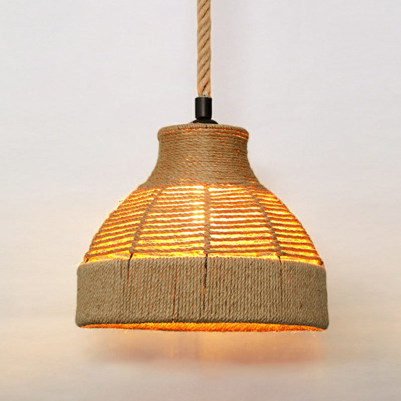 Hemp Rope Caged Hanging Light Rustic 1 Bulb Restaurant Pendant Light Fixture in Brown Brown K Clearhalo 'Ceiling Lights' 'Lighting' 'Pendant Lights' 2227790_b7deaff1-7fc3-4570-926b-070e93260545