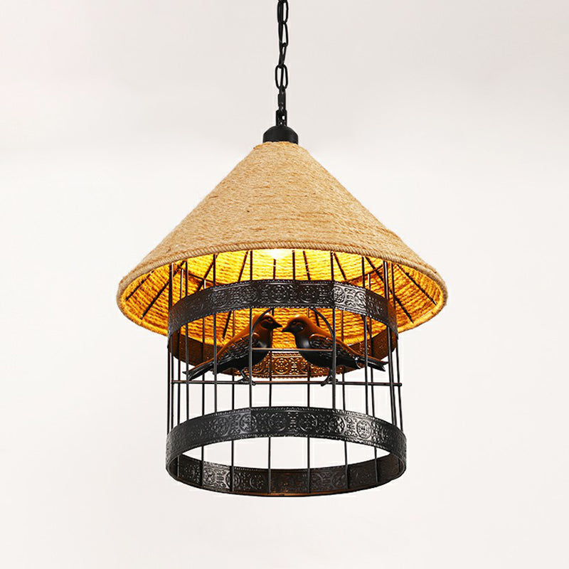 Hemp Rope Caged Hanging Light Rustic 1 Bulb Restaurant Pendant Light Fixture in Brown Brown G Clearhalo 'Ceiling Lights' 'Lighting' 'Pendant Lights' 2227795_e4394ec6-4041-4567-b1bb-ba07cc99961b