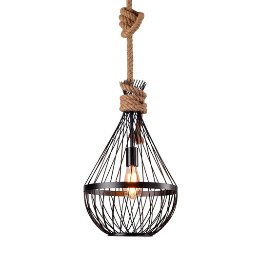 Pear-Shaped Iron Suspension Lighting Retro 1��Head Restaurant Pendant Ceiling Light with Hemp Rope in Black Clearhalo 'Ceiling Lights' 'Industrial Pendants' 'Industrial' 'Middle Century Pendants' 'Pendant Lights' 'Pendants' 'Tiffany' Lighting' 2227812_f27ddee0-e570-48b8-b586-d9dd7439413a