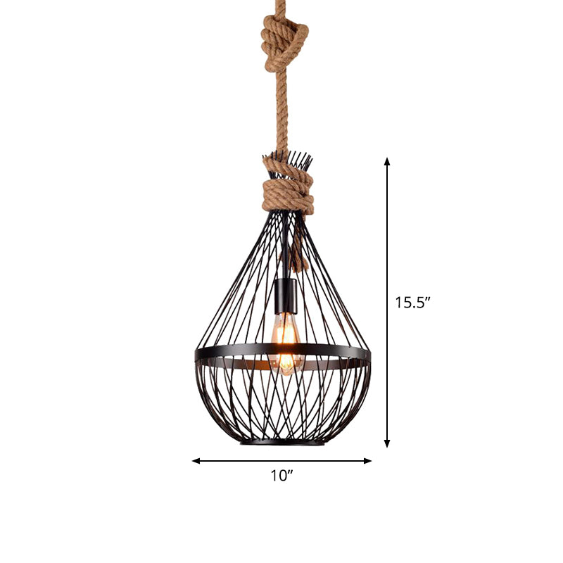 Pear-Shaped Iron Suspension Lighting Retro 1 Head Restaurant Pendant Ceiling Light with Hemp Rope in Black Clearhalo 'Art Deco Pendants' 'Black' 'Cast Iron' 'Ceiling Lights' 'Ceramic' 'Crystal' 'Industrial' 'Metal' 'Pendant Lights' 'Rustic Pendants' 'Tiffany' Lighting' 2227813_141b58bd-0d0d-4baa-8462-f6d62e3c786e