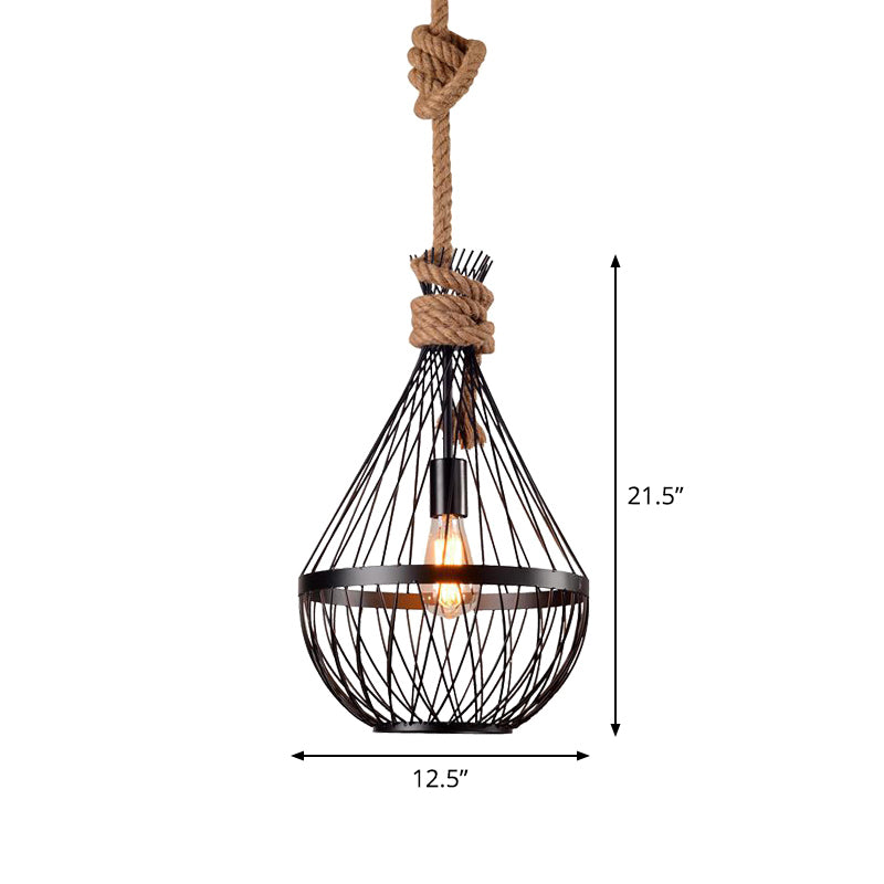 Pear-Shaped Iron Suspension Lighting Retro 1 Head Restaurant Pendant Ceiling Light with Hemp Rope in Black Clearhalo 'Art Deco Pendants' 'Black' 'Cast Iron' 'Ceiling Lights' 'Ceramic' 'Crystal' 'Industrial' 'Metal' 'Pendant Lights' 'Rustic Pendants' 'Tiffany' Lighting' 2227814