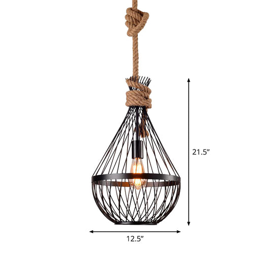 Pear-Shaped Iron Suspension Lighting Retro 1��Head Restaurant Pendant Ceiling Light with Hemp Rope in Black Clearhalo 'Ceiling Lights' 'Industrial Pendants' 'Industrial' 'Middle Century Pendants' 'Pendant Lights' 'Pendants' 'Tiffany' Lighting' 2227814_fb5dbcc2-670c-4756-9492-8d069c23b081