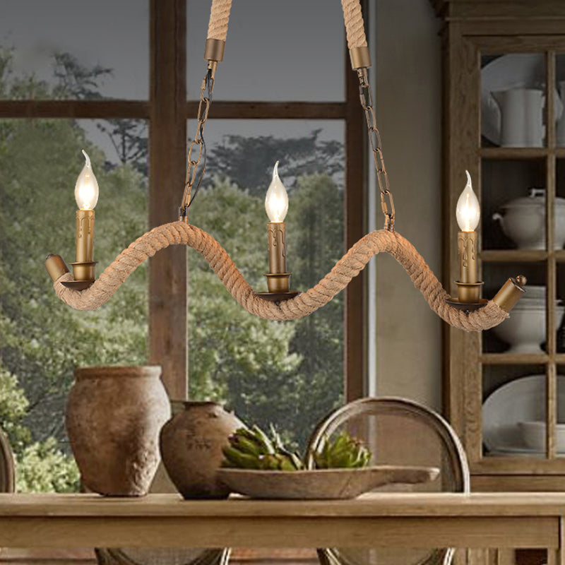 3 Heads Island Pendant Light Vintage Candlestick Iron Ceiling Light with Hemp Rope in Flaxen Clearhalo 'Ceiling Lights' 'Island Lights' Lighting' 2227815