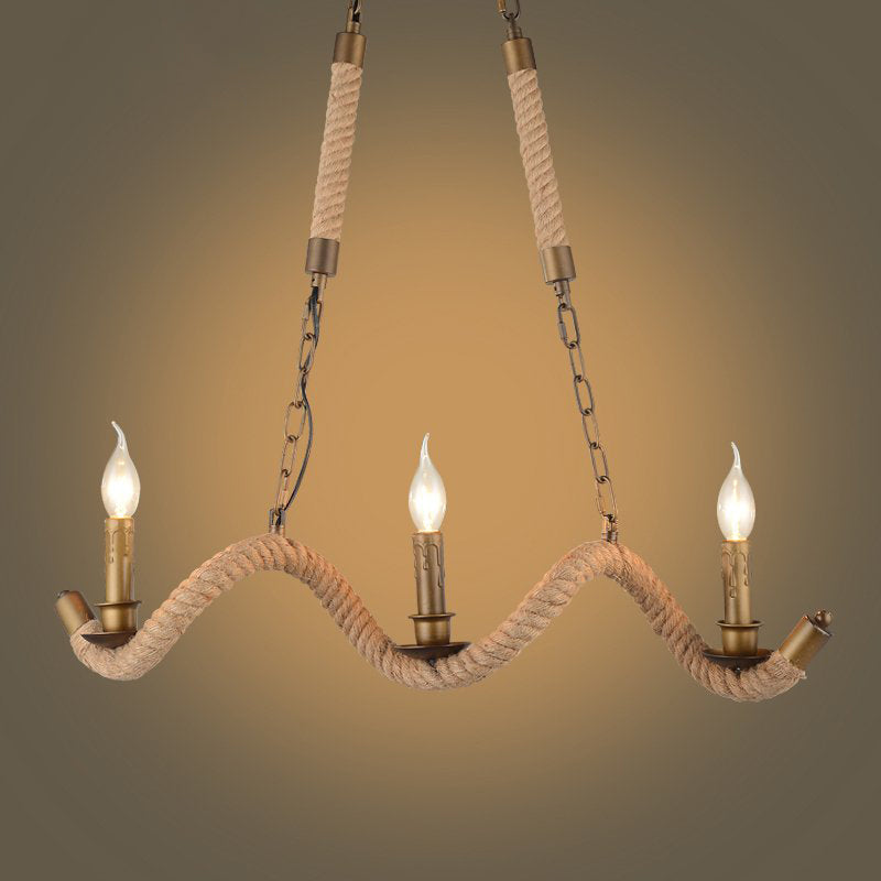 3 Heads Island Pendant Light Vintage Candlestick Iron Ceiling Light with Hemp Rope in Flaxen Flaxen Clearhalo 'Ceiling Lights' 'Island Lights' Lighting' 2227816