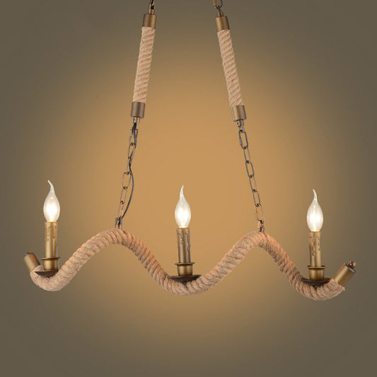 3 Heads Island Pendant Light Vintage Candlestick Iron Ceiling Light with Hemp Rope in Flaxen Flaxen Clearhalo 'Ceiling Lights' 'Island Lights' Lighting' 2227816