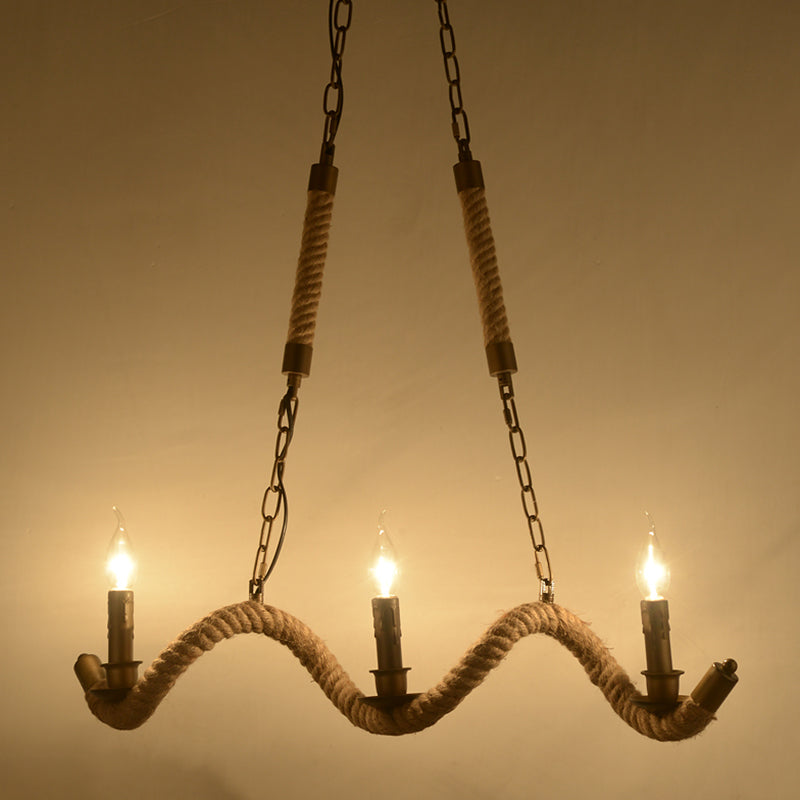 3 Heads Island Pendant Light Vintage Candlestick Iron Ceiling Light with Hemp Rope in Flaxen Clearhalo 'Ceiling Lights' 'Island Lights' Lighting' 2227817