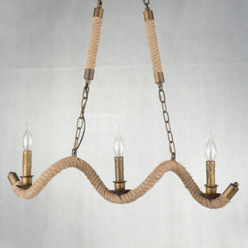 3 Heads Island Pendant Light Vintage Candlestick Iron Ceiling Light with Hemp Rope in Flaxen Clearhalo 'Ceiling Lights' 'Island Lights' Lighting' 2227819
