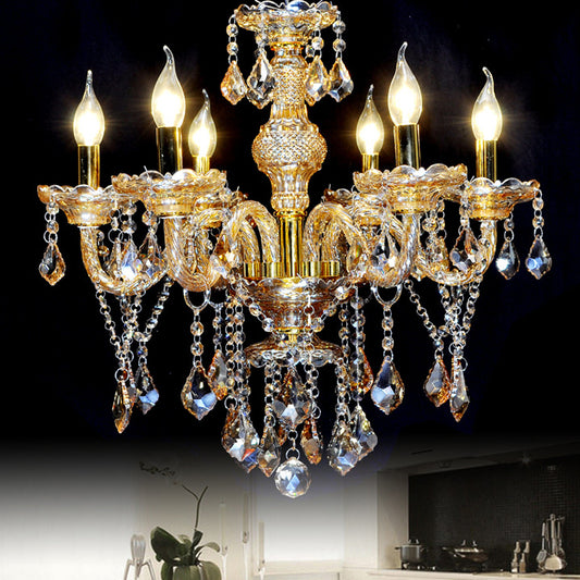 6 Heads Pyramid Pendant Chandelier Mid-Century Crystal Hanging Ceiling Light in Gold Gold Clearhalo 'Ceiling Lights' 'Chandeliers' 'Modern Chandeliers' 'Modern' Lighting' 222781